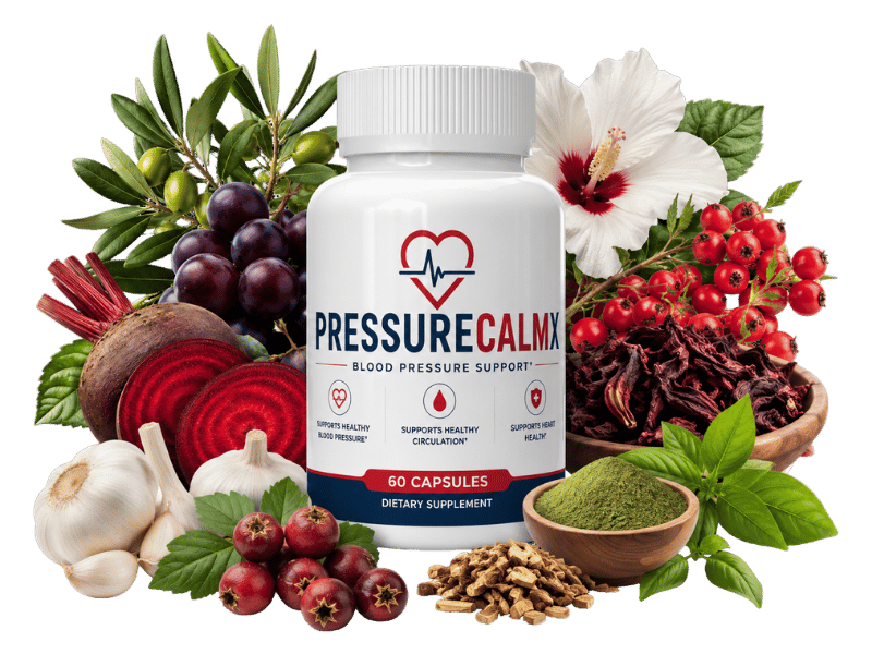 PressureCalmX benefits — bottle surrounded by hibiscus, hawthorn, garlic, beetroot and botanical ingredients